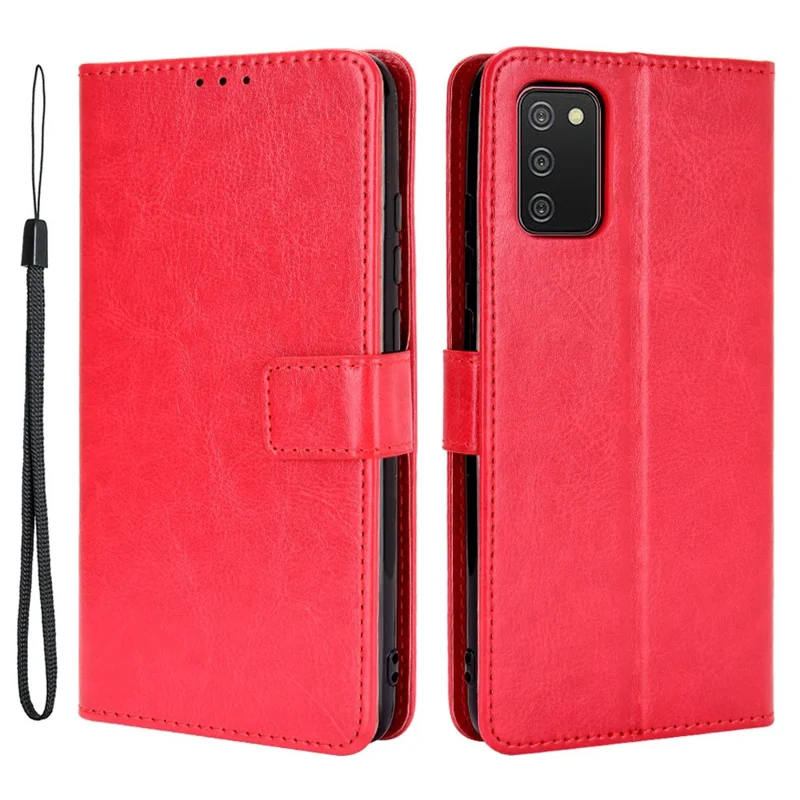 Crazy Horse Texture Leather Wallet Full Protective Phone Case Shell with Stand for Samsung Galaxy A03s (166.5mm)- Red