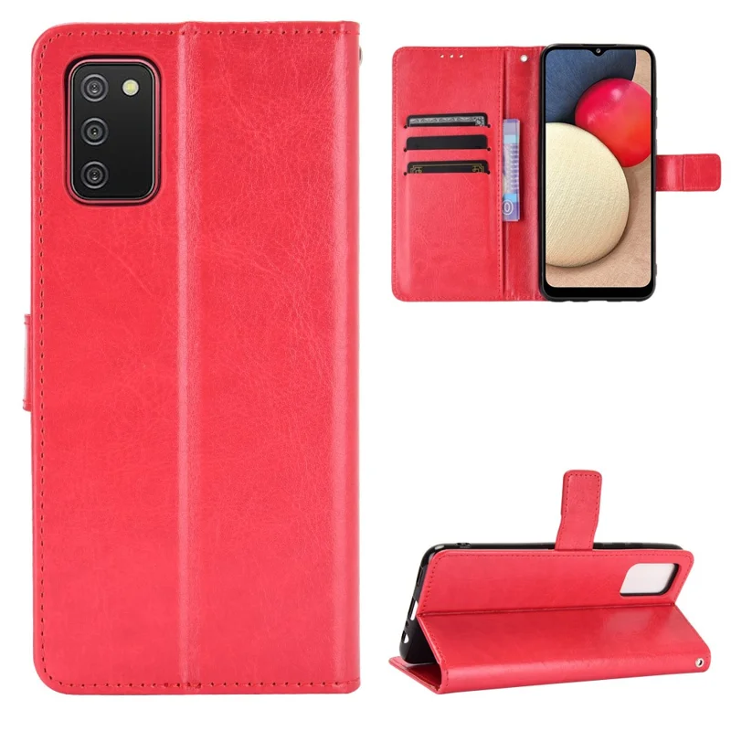 Crazy Horse Texture Leather Wallet Full Protective Phone Case Shell with Stand for Samsung Galaxy A03s (166.5mm)- Red