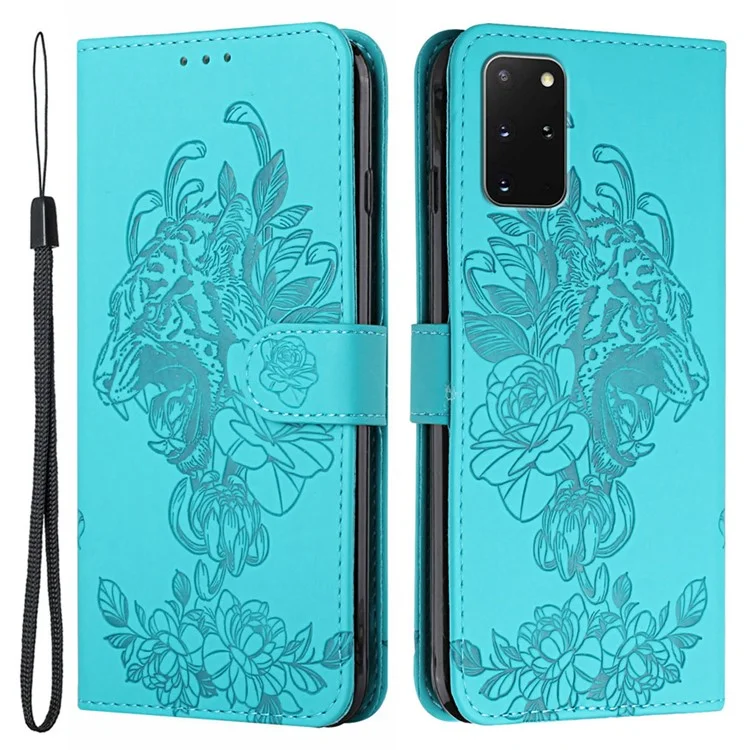 Carteira de Couro com Suporte e Estampa de Cabeça de Tigre para Samsung Galaxy S20 Plus 4G/5G - Verde