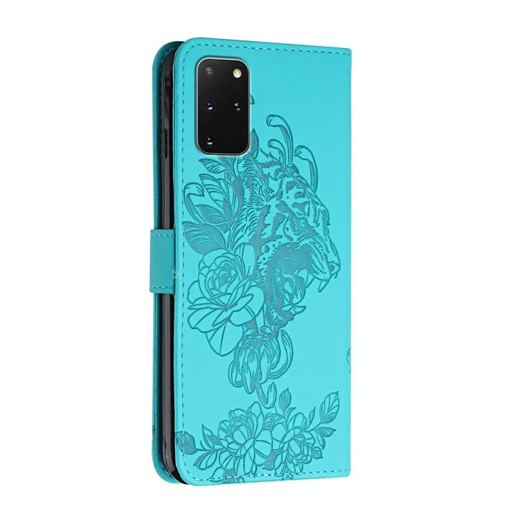 Carteira de Couro com Suporte e Estampa de Cabeça de Tigre para Samsung Galaxy S20 Plus 4G/5G - Verde