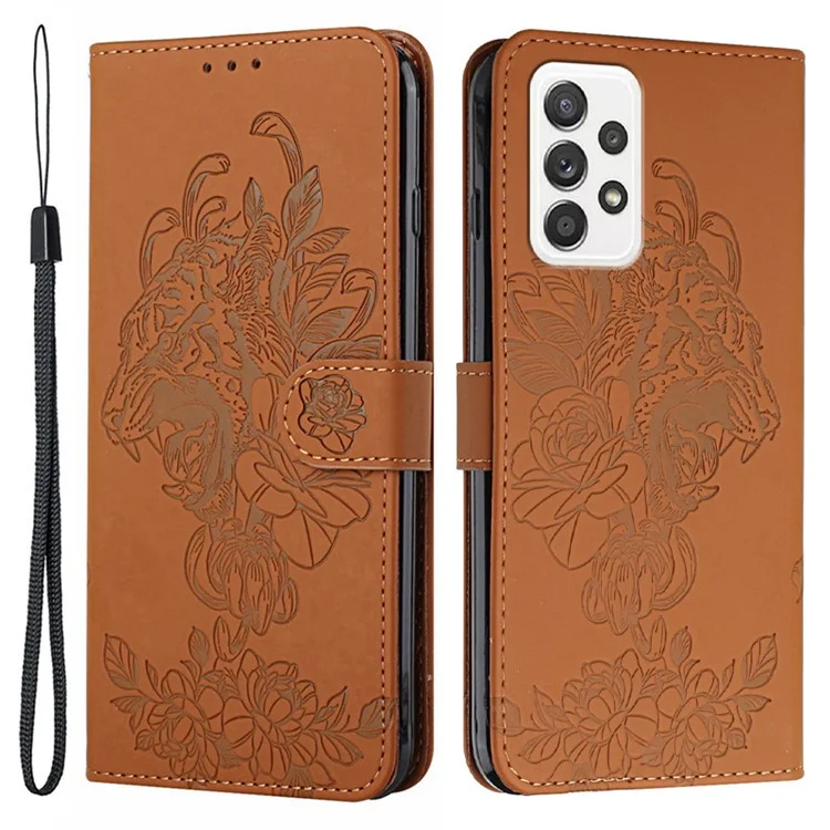 Shockproof PU Leather Stand Wallet Case with Imprint Tiger Head and Flower for Samsung Galaxy A72 4G/5G - Brown