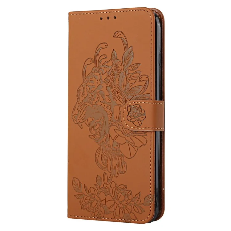 Shockproof PU Leather Stand Wallet Case with Imprint Tiger Head and Flower for Samsung Galaxy A72 4G/5G - Brown