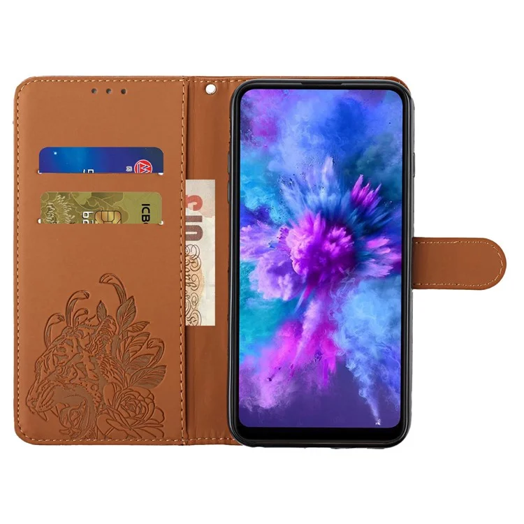 Shockproof PU Leather Stand Wallet Case with Imprint Tiger Head and Flower for Samsung Galaxy A72 4G/5G - Brown