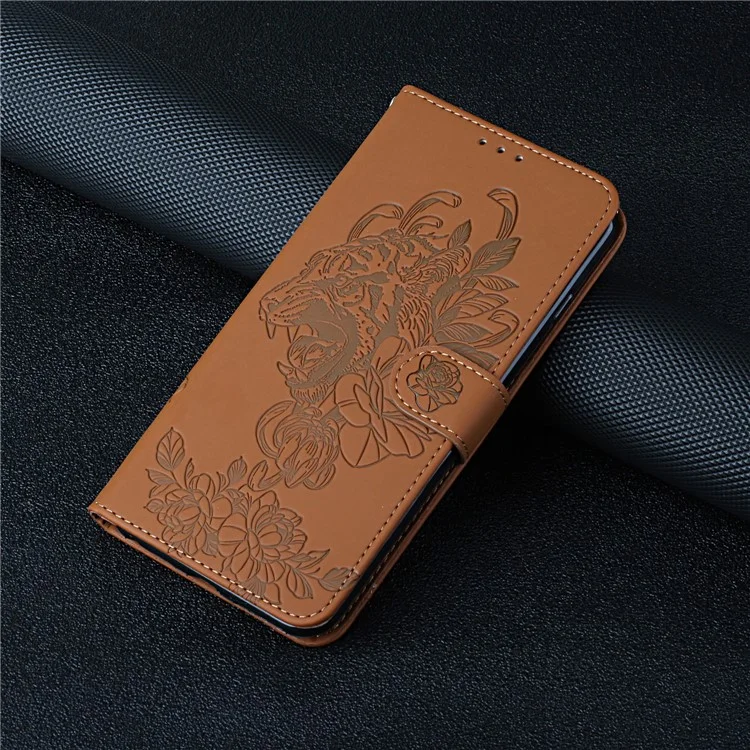 Shockproof PU Leather Stand Wallet Case with Imprint Tiger Head and Flower for Samsung Galaxy A72 4G/5G - Brown
