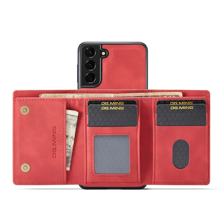 Dg. Ming M1 Series Abnehmbar 2 in 1 Magnetisch -wallet -design Lederbeschichtete TPU + PC -hülle Mit Kickstand Für Samsung Galaxy S21 + 5g - Rot