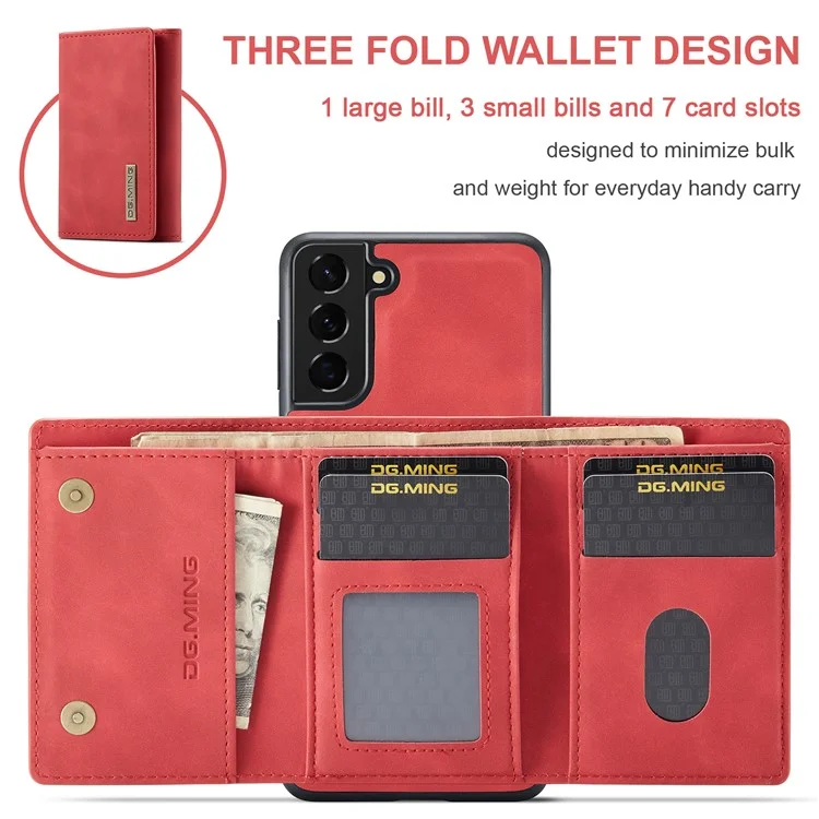 Dg. Ming M1 Series Abnehmbar 2 in 1 Magnetisch -wallet -design Lederbeschichtete TPU + PC -hülle Mit Kickstand Für Samsung Galaxy S21 + 5g - Rot