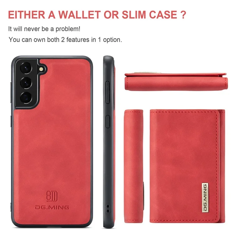Dg. Ming M1 Series Abnehmbar 2 in 1 Magnetisch -wallet -design Lederbeschichtete TPU + PC -hülle Mit Kickstand Für Samsung Galaxy S21 + 5g - Rot