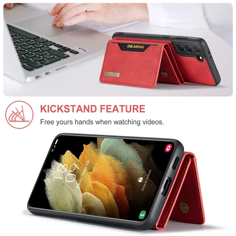 DG.MING M2 Series Detachable 2 in 1 Magnetic Wallet Design Hybrid Case with Kickstand for Samsung Galaxy S21 5G/4G - Red