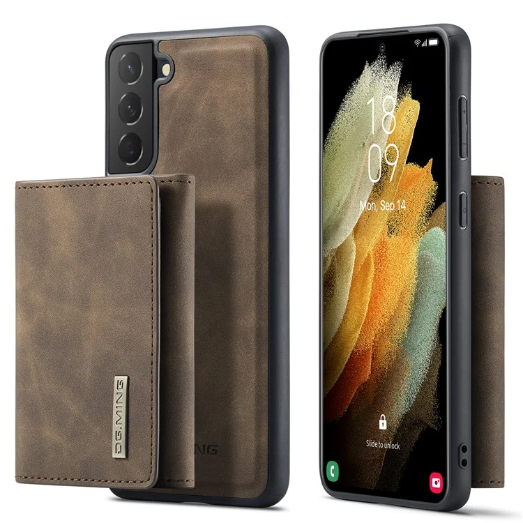 DG.MING M1 Series Detachable 2 in 1 Wallet Design Leather Coated TPU + PC Case with Kickstand for Samsung Galaxy S21 FE - Coffee