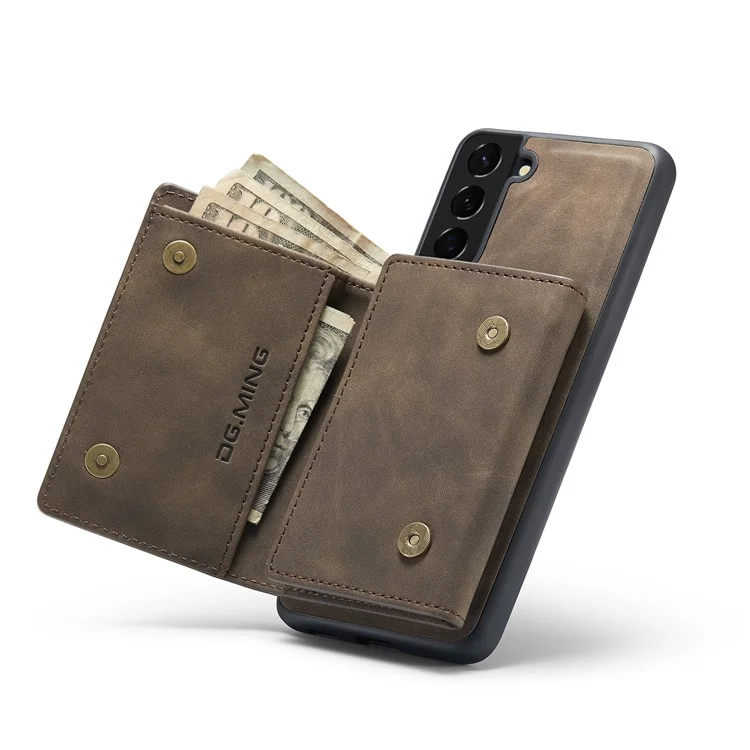 DG.MING M1 Series Detachable 2 in 1 Wallet Design Leather Coated TPU + PC Case with Kickstand for Samsung Galaxy S21 FE - Coffee