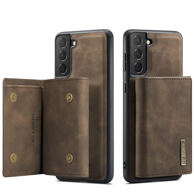 DG.MING M1 Series Detachable 2 in 1 Wallet Design Leather Coated TPU + PC Case with Kickstand for Samsung Galaxy S21 FE - Coffee