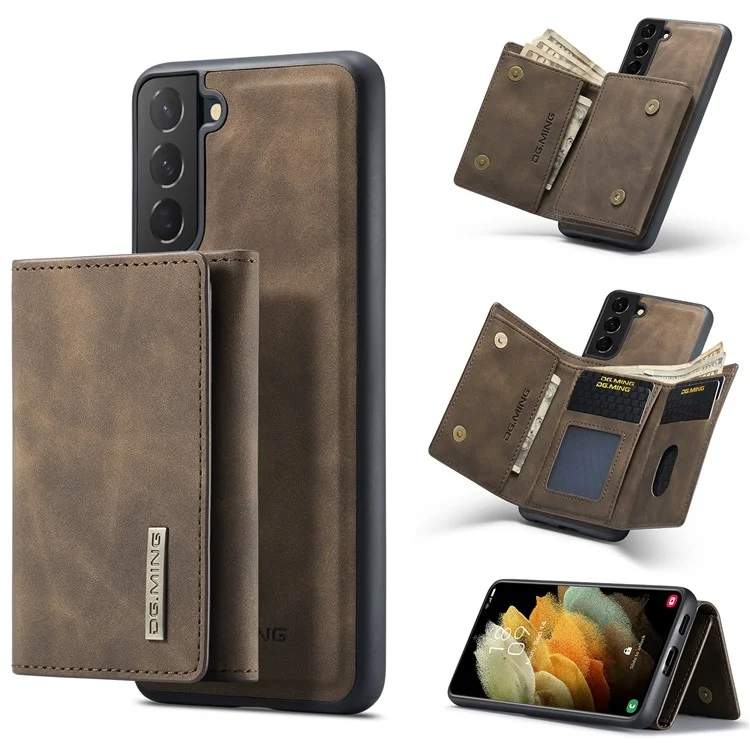 Dg. Ming M1 Série Détachable 2 en 1 Portefeuille en Cuir Revêtu de Tpu + pc Avec Degs-pied Pour Samsung Galaxy S21 fe - Café