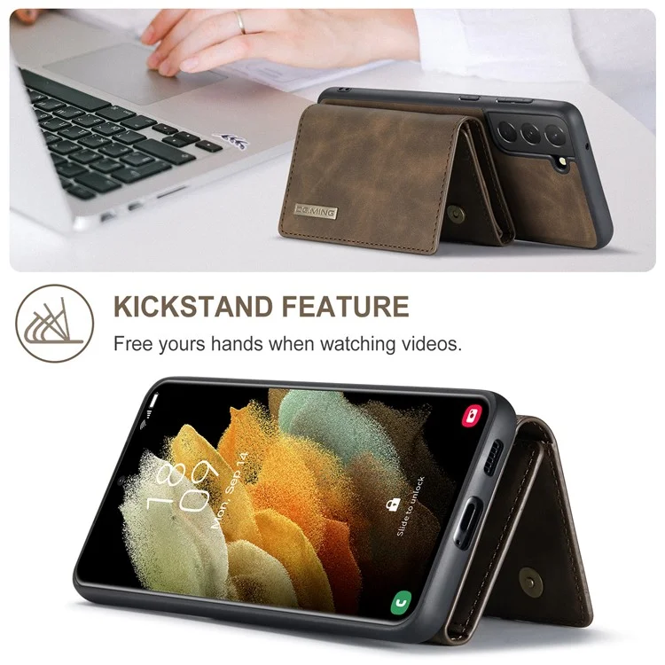 DG.MING M1 Series Detachable 2 in 1 Wallet Design Leather Coated TPU + PC Case with Kickstand for Samsung Galaxy S21 FE - Coffee