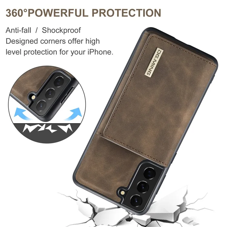 DG.MING M1 Series Detachable 2 in 1 Wallet Design Leather Coated TPU + PC Case with Kickstand for Samsung Galaxy S21 FE - Coffee