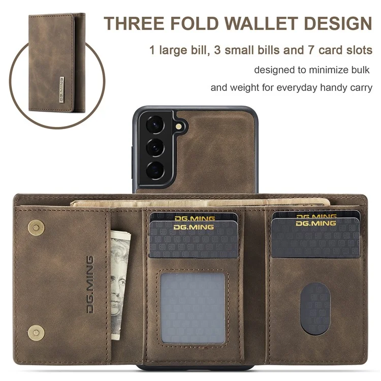 DG.MING M1 Series Detachable 2 in 1 Wallet Design Leather Coated TPU + PC Case with Kickstand for Samsung Galaxy S21 FE - Coffee