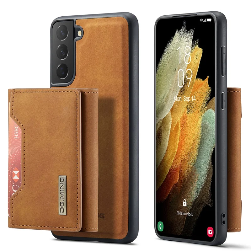 DG.MING M2 Series Detachable Wallet Design Hybrid Case with Kickstand for Samsung Galaxy S21 FE - Brown