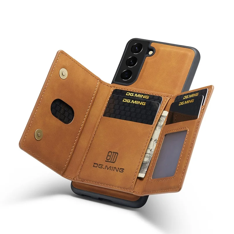 DG.MING M2 Series Detachable Wallet Design Hybrid Case with Kickstand for Samsung Galaxy S21 FE - Brown