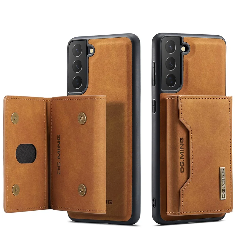 DG.MING M2 Series Detachable Wallet Design Hybrid Case with Kickstand for Samsung Galaxy S21 FE - Brown