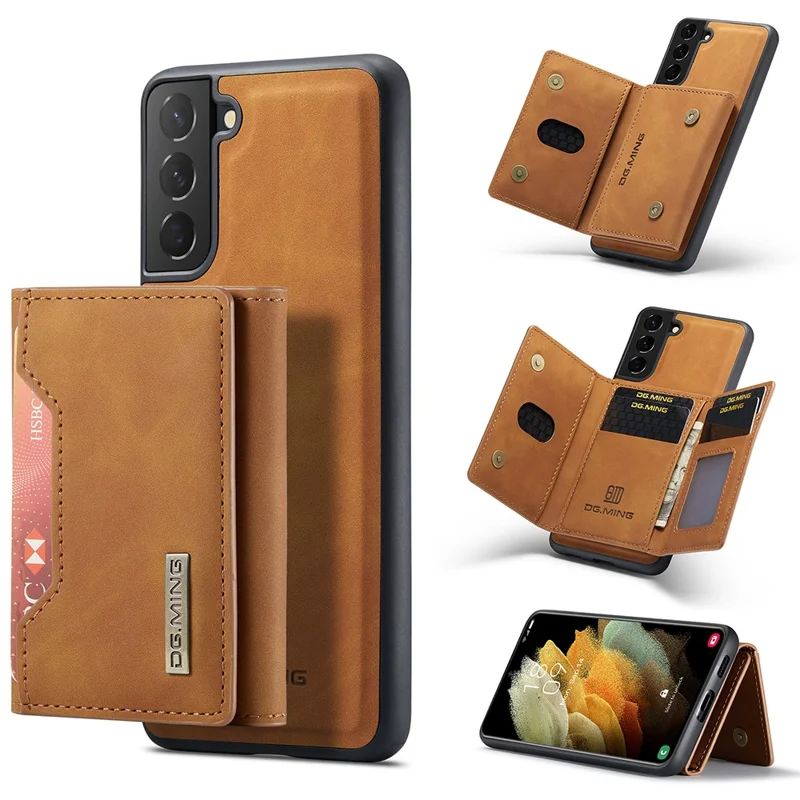DG.MING M2 Series Detachable Wallet Design Hybrid Case with Kickstand for Samsung Galaxy S21 FE - Brown