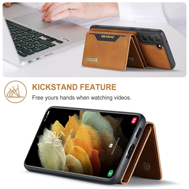 DG.MING M2 Series Detachable Wallet Design Hybrid Case with Kickstand for Samsung Galaxy S21 FE - Brown