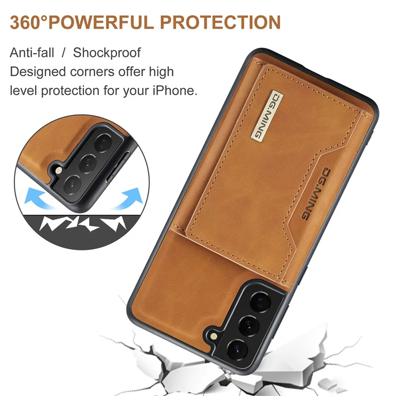 DG.MING M2 Series Detachable Wallet Design Hybrid Case with Kickstand for Samsung Galaxy S21 FE - Brown