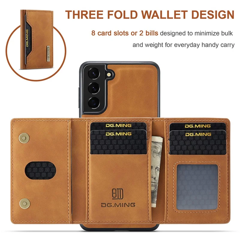 DG.MING M2 Series Detachable Wallet Design Hybrid Case with Kickstand for Samsung Galaxy S21 FE - Brown