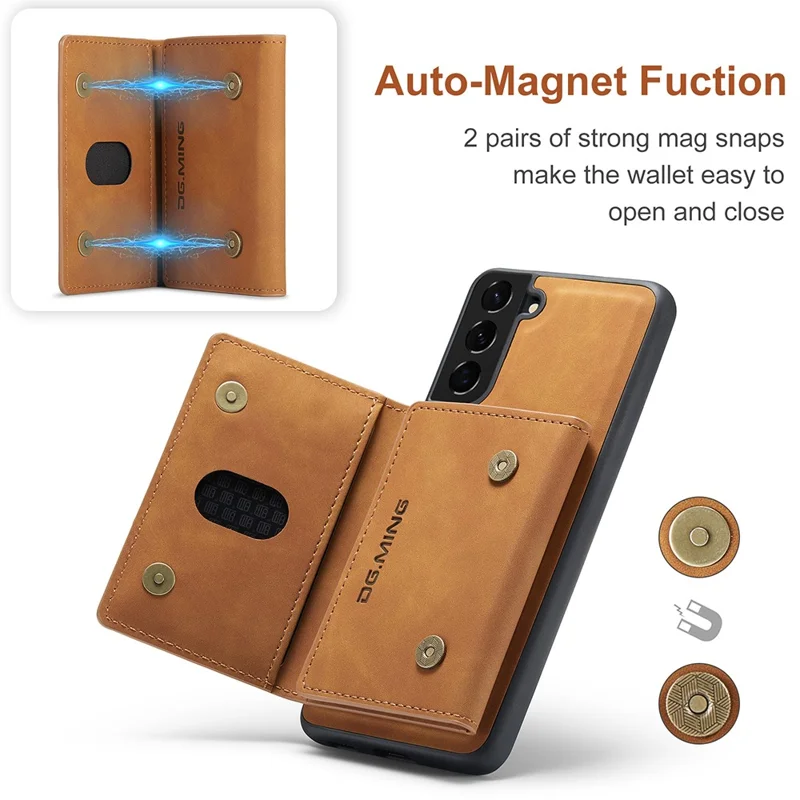 DG.MING M2 Series Detachable Wallet Design Hybrid Case with Kickstand for Samsung Galaxy S21 FE - Brown