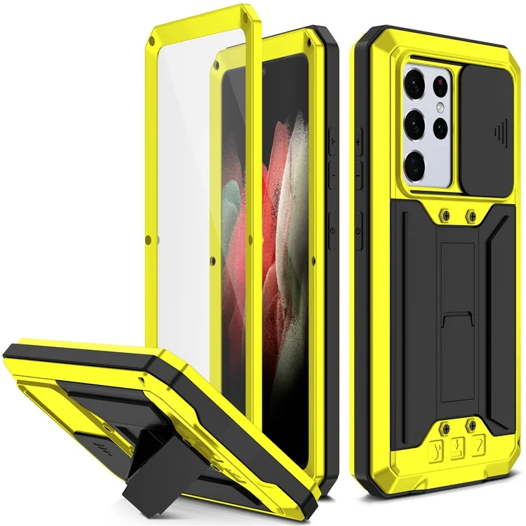 R-JUST Kickstand Full-Body Shockproof Metal Case with Built-in Screen Protector and Slide Camera Lens Cover for Samsung Galaxy S21 Ultra 5G - Yellow