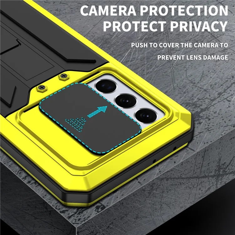 R-JUST Kickstand Full-Body Shockproof Metal Case with Built-in Screen Protector and Slide Camera Lens Cover for Samsung Galaxy S21 Ultra 5G - Yellow