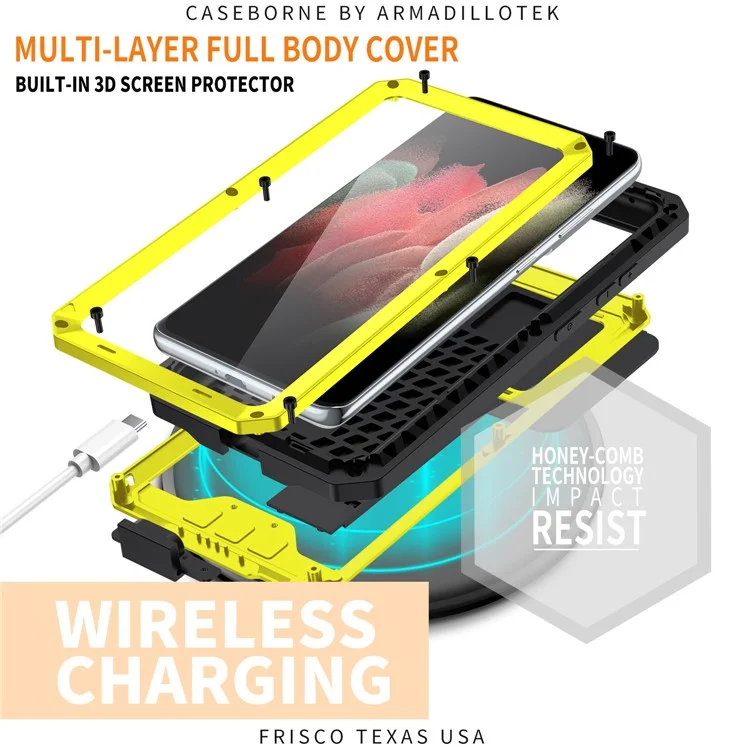 R-JUST Kickstand Full-Body Shockproof Metal Case with Built-in Screen Protector and Slide Camera Lens Cover for Samsung Galaxy S21 Ultra 5G - Yellow