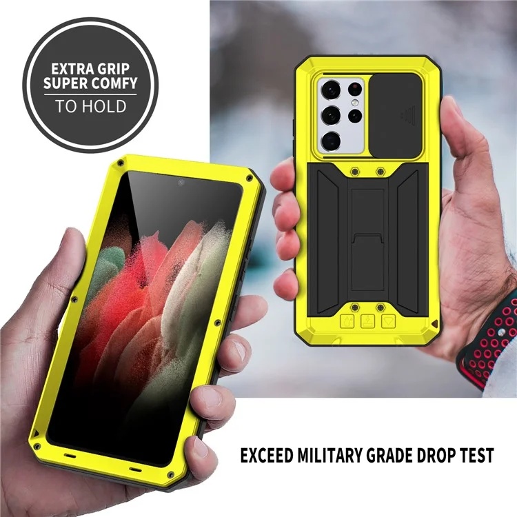 R-JUST Kickstand Full-Body Shockproof Metal Case with Built-in Screen Protector and Slide Camera Lens Cover for Samsung Galaxy S21 Ultra 5G - Yellow