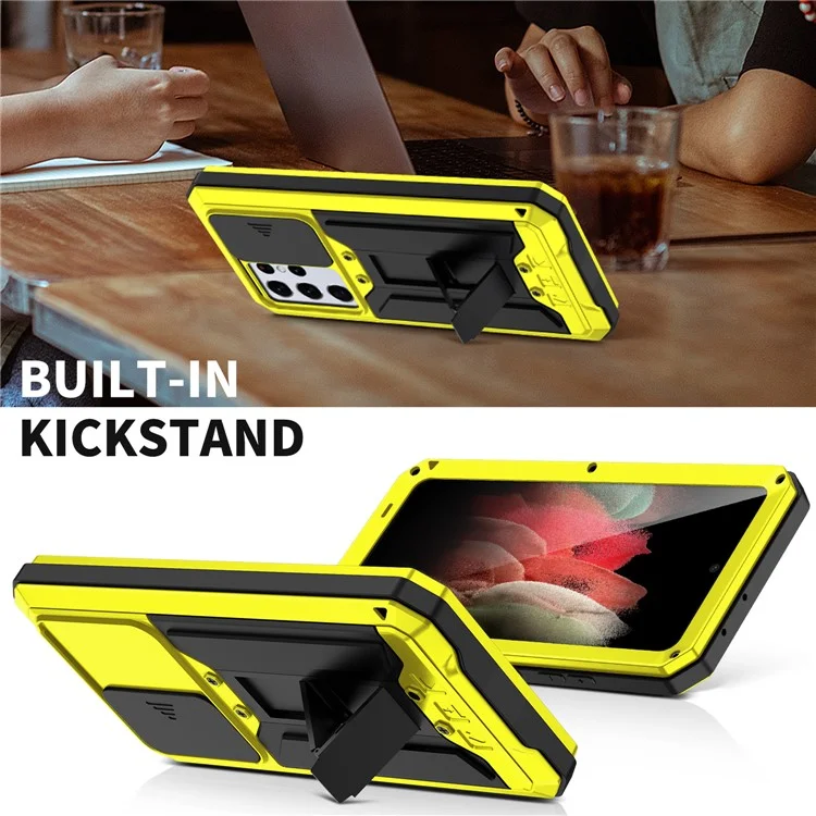 R-JUST Kickstand Full-Body Shockproof Metal Case with Built-in Screen Protector and Slide Camera Lens Cover for Samsung Galaxy S21 Ultra 5G - Yellow
