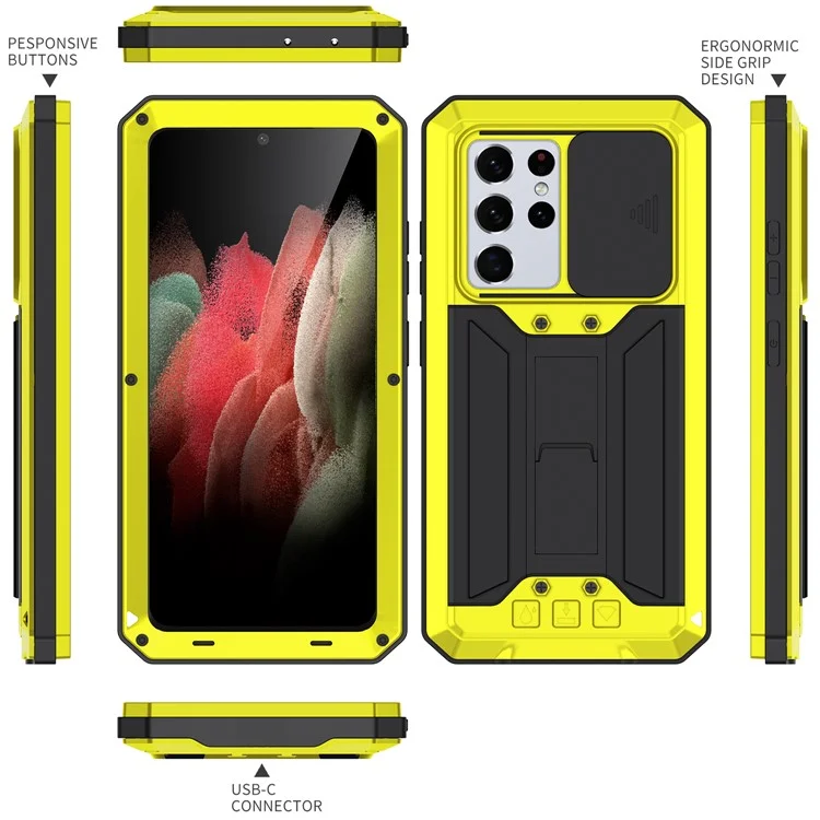 R-JUST Kickstand Full-Body Shockproof Metal Case with Built-in Screen Protector and Slide Camera Lens Cover for Samsung Galaxy S21 Ultra 5G - Yellow