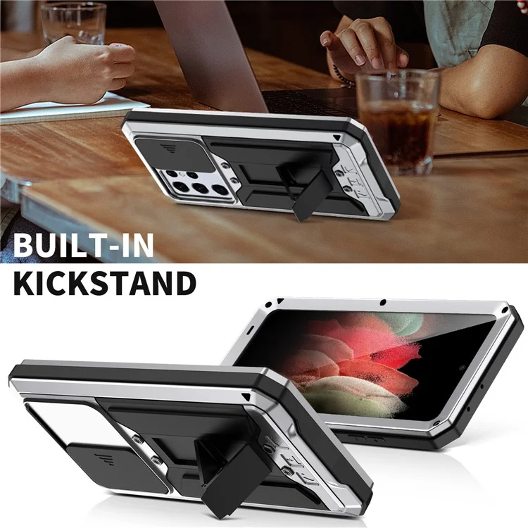 R-just Kickstand Full-Body Aorti-a Resoconto Della Protezione Dello Schermo Incorporato e Coperchio Dell'obiettivo Della Fotocamera Per Samsung Galaxy S21 Ultra 5G - D'argento