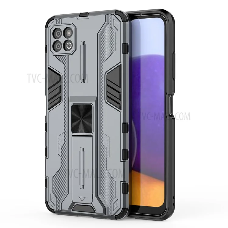 Full-Body Shockproof Protection Hard Plastic + TPU Rubber Dual Layer Hybrid Case with Fold Kickstand for Samsung Galaxy A22 5G (EU Version) - Grey