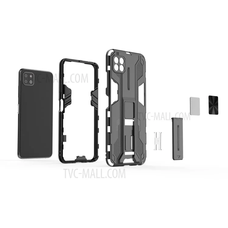 Full-Body Shockproof Protection Hard Plastic + TPU Rubber Dual Layer Hybrid Case with Fold Kickstand for Samsung Galaxy A22 5G (EU Version) - Grey
