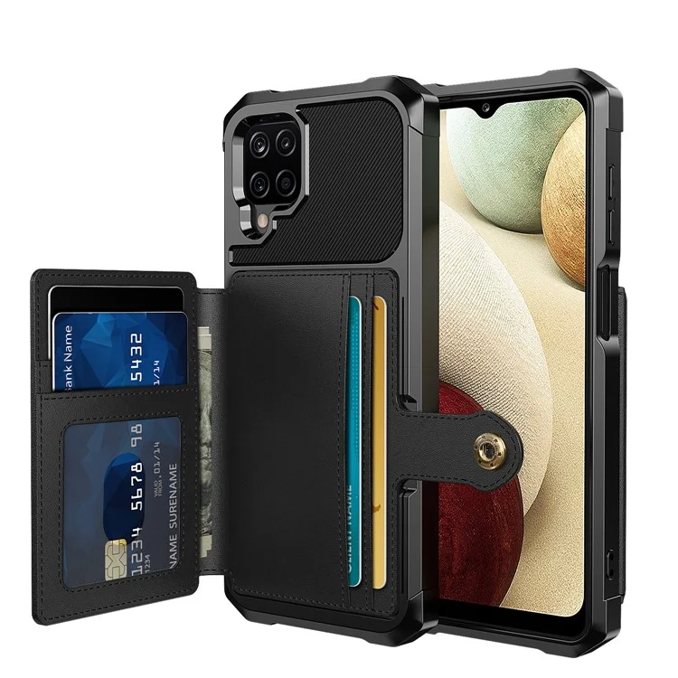 Kickstand Card Holder Design PU Leather Coated TPU Phone Case Cover [Built-in Magnetic Sheet] ZM03 per Samsung Galaxy A12 - Nero