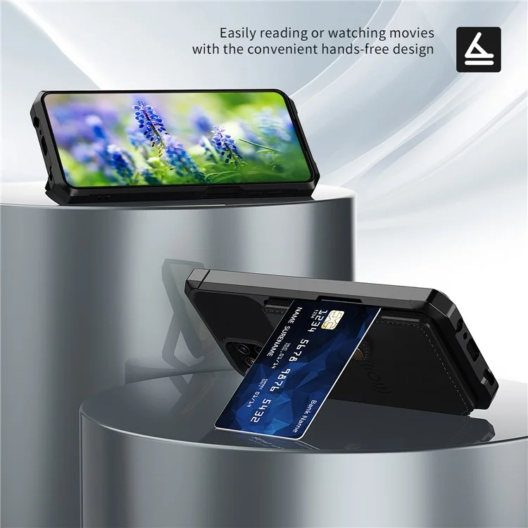 Kickstand Card Holder Design PU Leather Coated TPU Phone Case Cover [Built-in Magnetic Sheet] ZM03 per Samsung Galaxy A12 - Nero