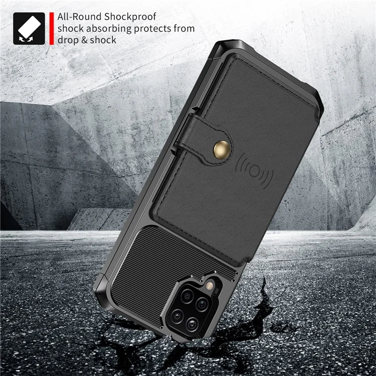 Diseño Del Soporte de Tarjetas de Kickstand Cubierta de la Caja Del Teléfono TPU Recubierta de Cuero [hoja Magnética Incorporada] ZM03 Para Samsung Galaxy A12 - Negro