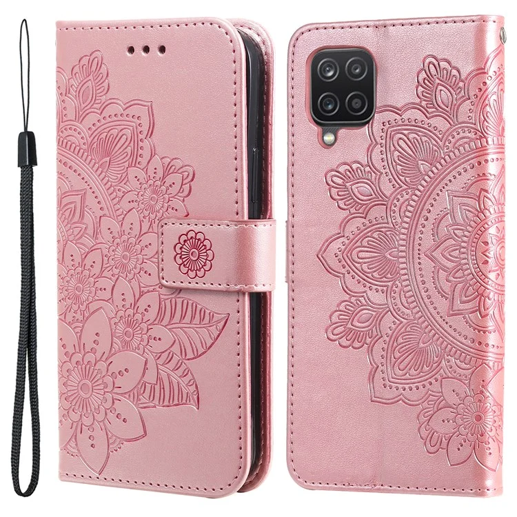 pu Leather Impresión de Flores Flowers Patrón de Billetera Case de Teléfono Con Cordón Para Samsung Galaxy A12 / M12 / F12 - Oro Rosa