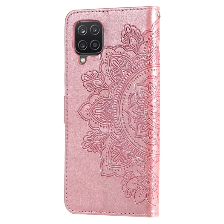 pu Leather Impresión de Flores Flowers Patrón de Billetera Case de Teléfono Con Cordón Para Samsung Galaxy A12 / M12 / F12 - Oro Rosa