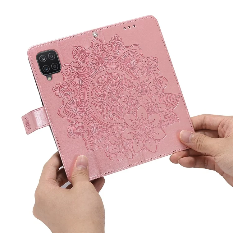 pu Leather Impresión de Flores Flowers Patrón de Billetera Case de Teléfono Con Cordón Para Samsung Galaxy A12 / M12 / F12 - Oro Rosa