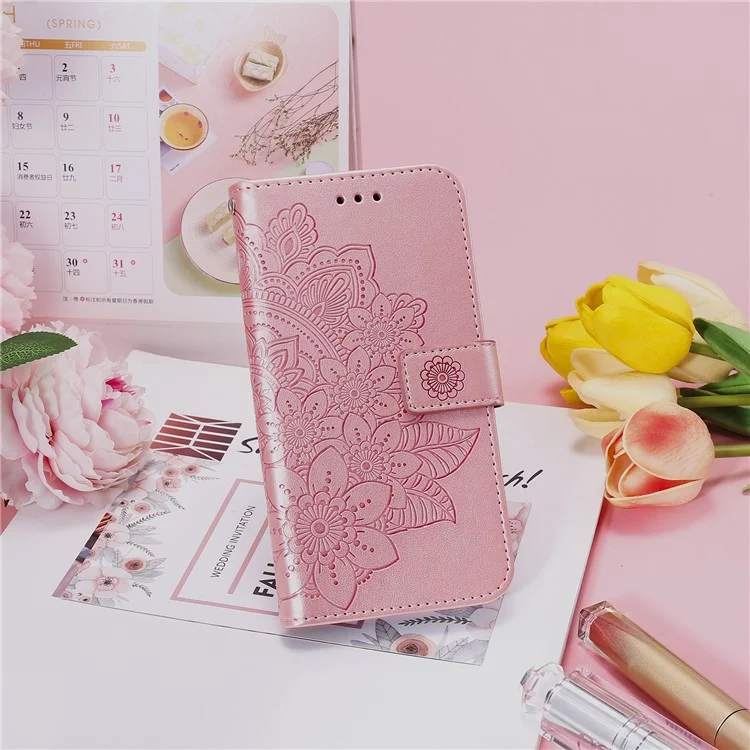 pu Leather Impresión de Flores Flowers Patrón de Billetera Case de Teléfono Con Cordón Para Samsung Galaxy A12 / M12 / F12 - Oro Rosa