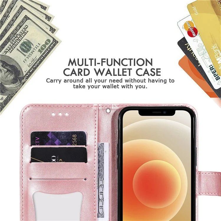 pu Leather Impresión de Flores Flowers Patrón de Billetera Case de Teléfono Con Cordón Para Samsung Galaxy A12 / M12 / F12 - Oro Rosa