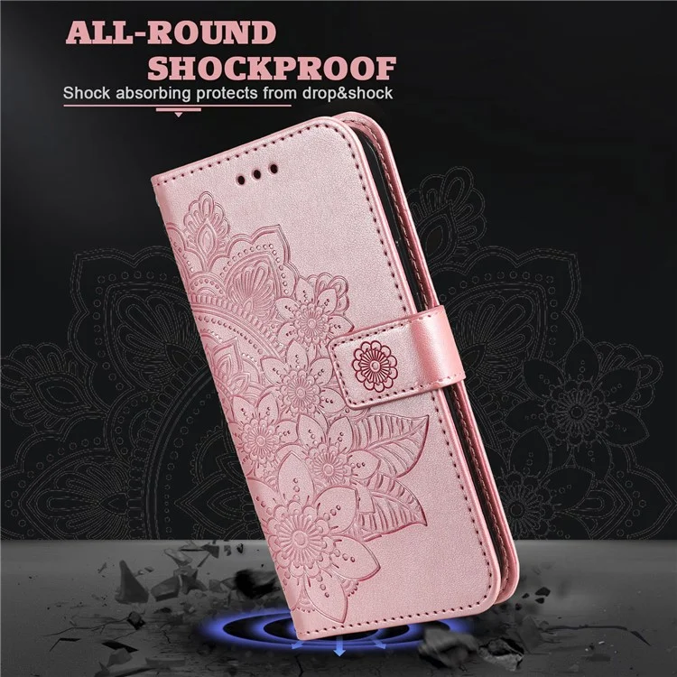 pu Leather Impresión de Flores Flowers Patrón de Billetera Case de Teléfono Con Cordón Para Samsung Galaxy A12 / M12 / F12 - Oro Rosa