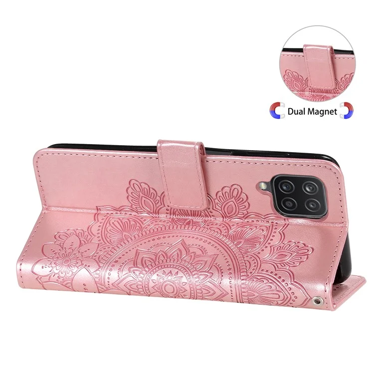 pu Leather Impresión de Flores Flowers Patrón de Billetera Case de Teléfono Con Cordón Para Samsung Galaxy A12 / M12 / F12 - Oro Rosa