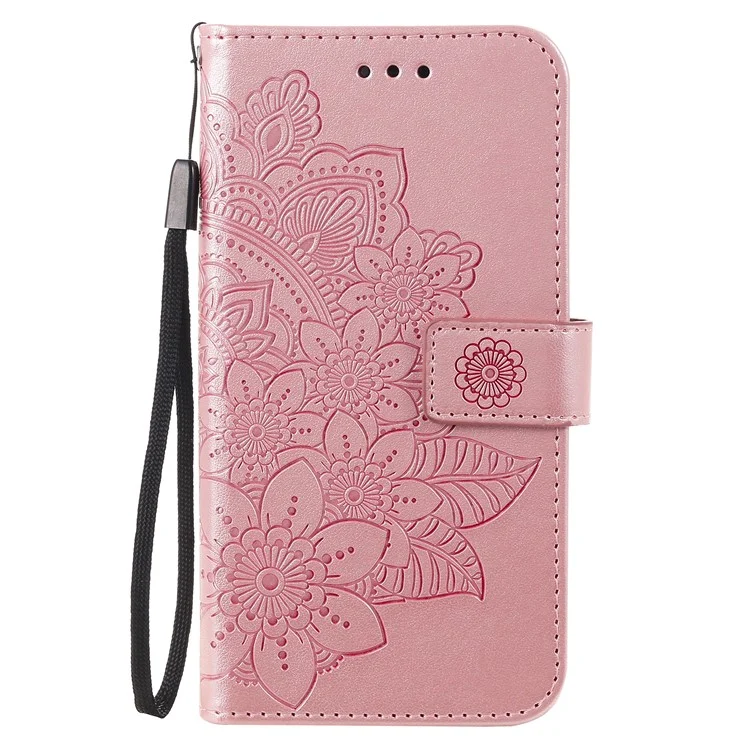 pu Leather Impresión de Flores Flowers Patrón de Billetera Case de Teléfono Con Cordón Para Samsung Galaxy A12 / M12 / F12 - Oro Rosa