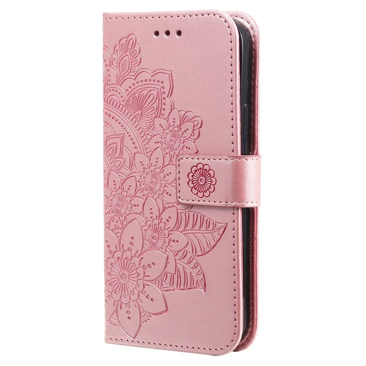 pu Leather Impresión de Flores Flowers Patrón de Billetera Case de Teléfono Con Cordón Para Samsung Galaxy A12 / M12 / F12 - Oro Rosa