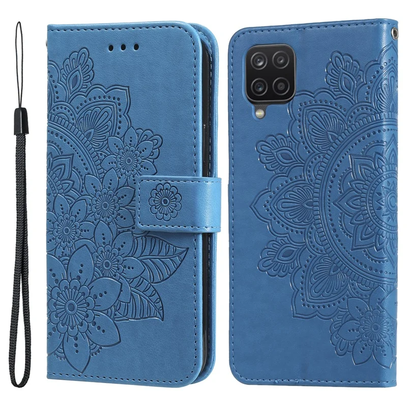 PU Leather Imprint Flowers Pattern Wallet Phone Case with Lanyard for Samsung Galaxy A12 / M12 / F12 - Blue