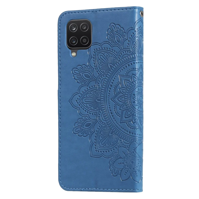 PU Leather Imprint Flowers Pattern Wallet Phone Case with Lanyard for Samsung Galaxy A12 / M12 / F12 - Blue